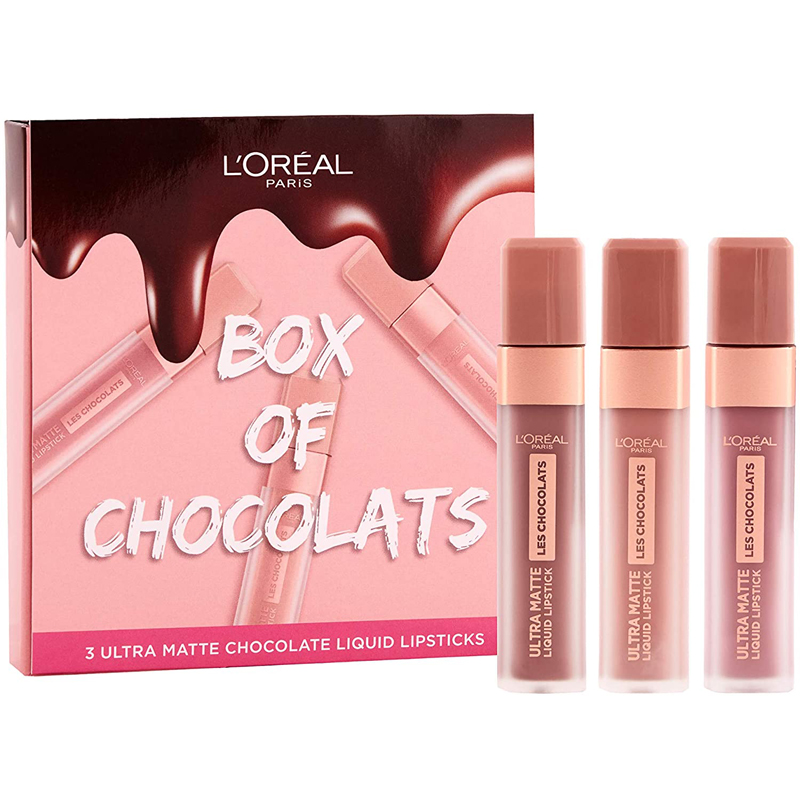 three ultra-matte liquid lipsticks in delicious chocolate-inspired shades melt-proof, long wear formula that lasts up to 12 hours